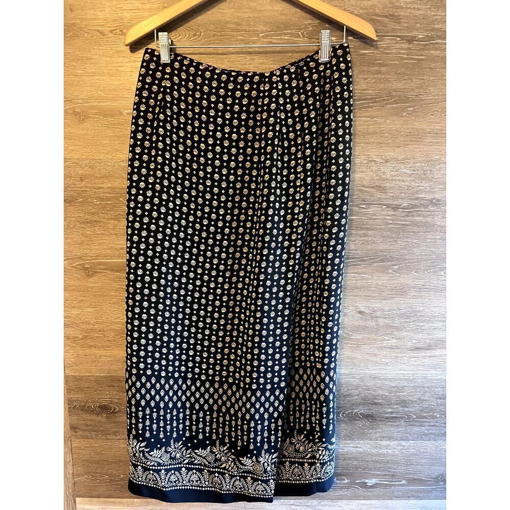 Vintage Chaus Midi Wrap Skirt sz 10 MediumBlack Floral Elastic Waist Excellent